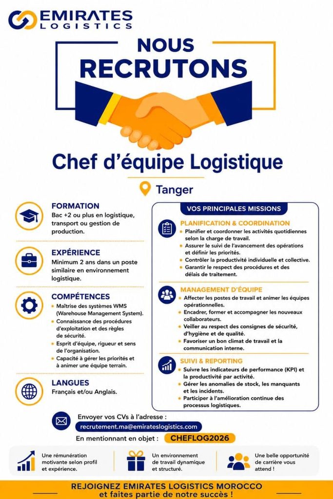 3 وظائف شاغرة لدى Emirates Logistics Morocco في طنجة والدار البيضاء