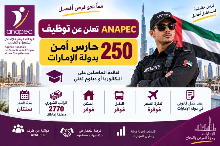 ANAPEC تعلن عن توظيف 250 حارس أمن بدولة الإمارات لفائدة الحاصلين على البكالوريا أو دبلوم تقني