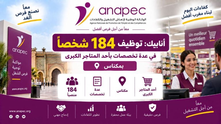 أنابيك: توظيف 184 شخصاً في عدة تخصصات بأحد المتاجر الكبرى بمكناس