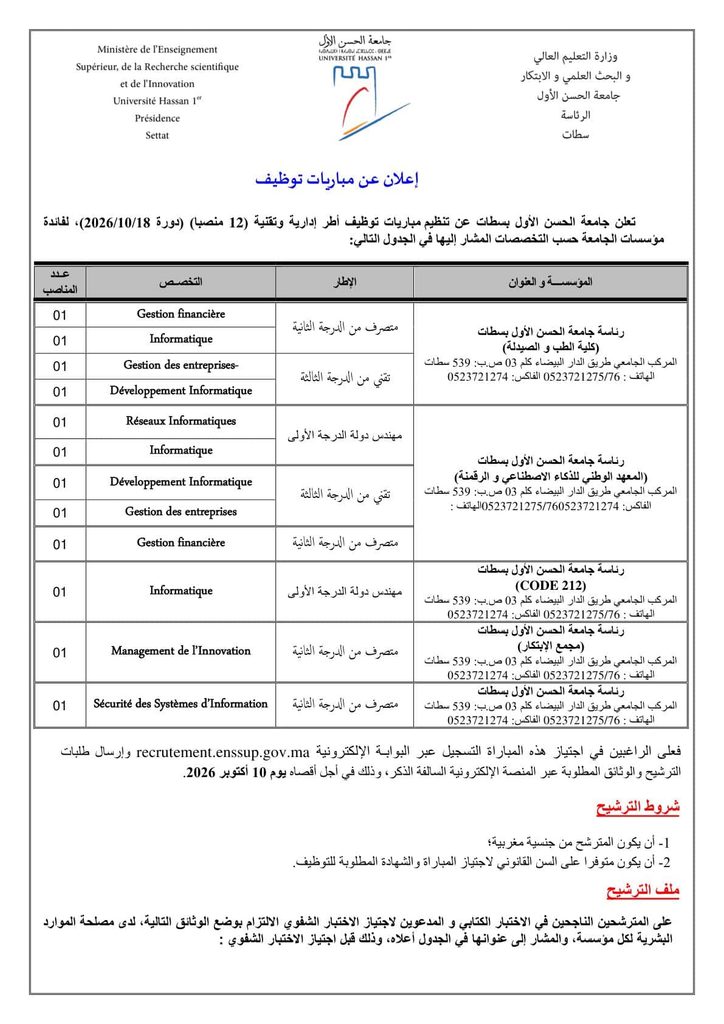 جامعة الحسن الأول بسطات تعلن عن مباراة لتوظيف 12 منصبًا في درجات المتصرفين والتقنيين والمهندسين برسم سنة 2026. آخر أجل لإيداع الترشيحات هو 10 أكتوبر 2026.