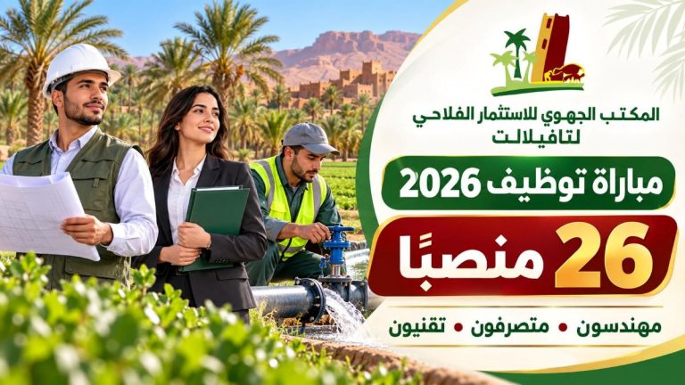 مباراة توظيف 2026 بالمكتب الجهوي للاستثمار الفلاحي لتافيلالت.. 26 منصبًا للمهندسين والمتصرفين والتقنيين