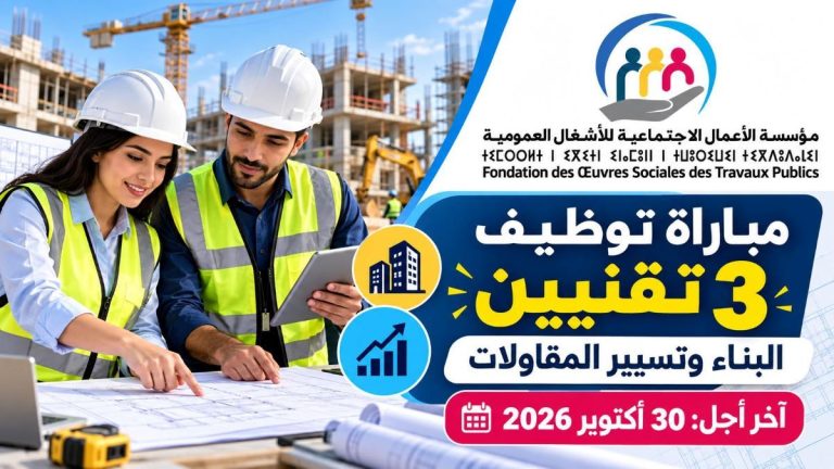 مباراة توظيف 3 تقنيين من الدرجة الثالثة 2026 بمؤسسة الأعمال الاجتماعية للأشغال العمومية في تخصصي البناء وتسيير المقاولات – آخر أجل 30 أكتوبر 2026