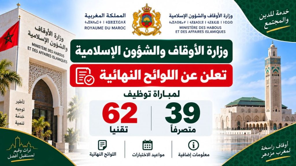 وزارة الأوقاف تعلن عن اللوائح النهائية لمباراة توظيف 39 متصرفًا و62 تقنيًا