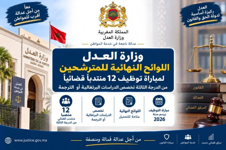 وزارة العدل: اللوائح النهائية للمترشحين لمباراة توظيف 12 منتدباً قضائياً من الدرجة الثالثة تخصص الدراسات البرتغالية أو الترجمة
