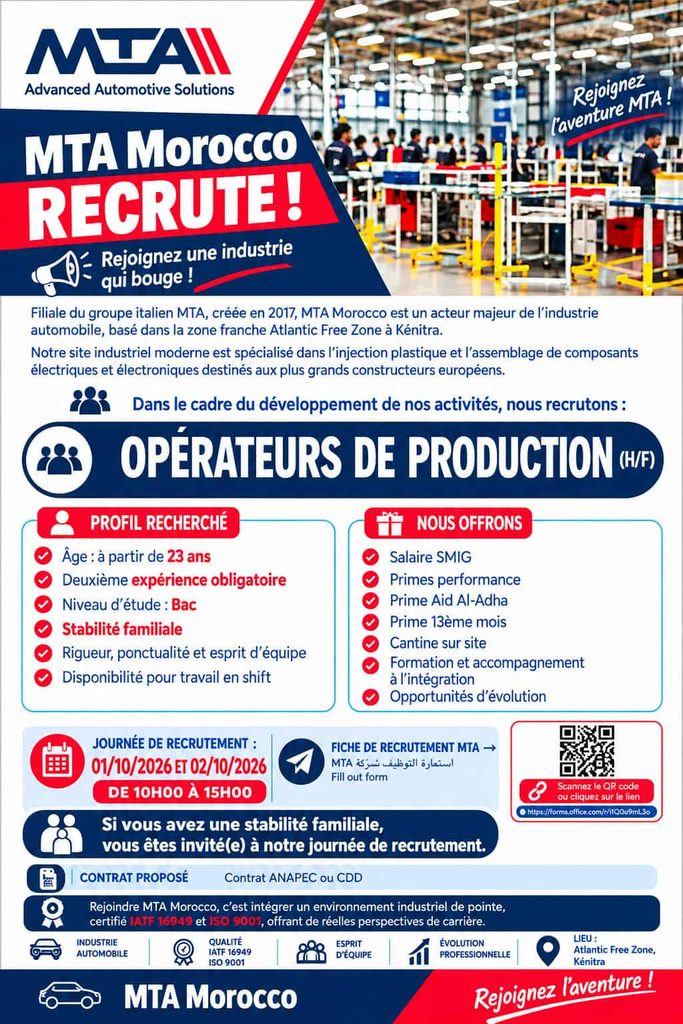 MTA Morocco توظف مشغلي إنتاج بالقنيطرة.. فرص لحاملي البكالوريا بعقود ANAPEC أو CDD