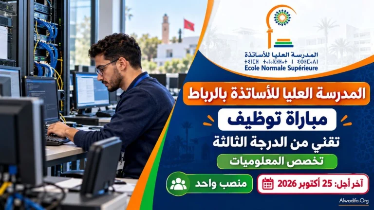 المدرسة العليا للأساتذة بالرباط تفتح باب الترشيح لتوظيف تقني من الدرجة الثالثة في المعلوميات، قبل انتهاء الأجل المحدد في 25 أكتوبر 2026.