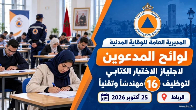 المديرية العامة للوقاية المدنية : لوائح المدعوين لاجتياز الاختبار الكتابي لتوظيف 16 مهندساً وتقنياً، يوم 25 أكتوبر 2026 بالرباط.