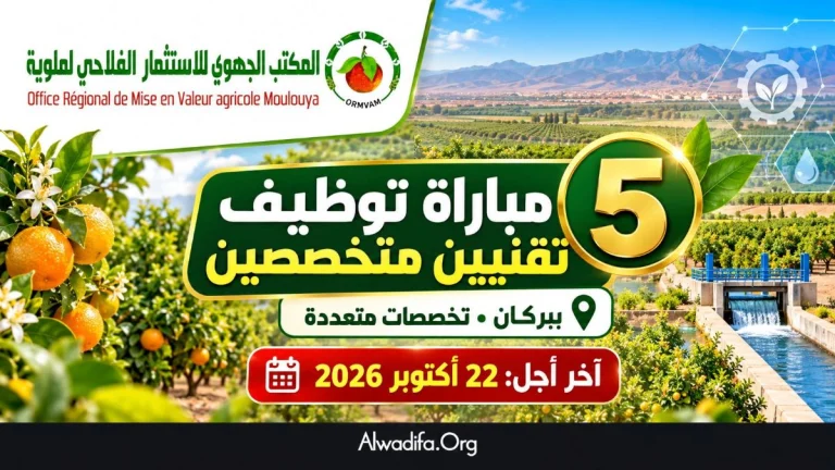 المكتب الجهوي للاستثمار الفلاحي لملوية : مباراة توظيف 5 تقنيين متخصصين ببركان.. تخصصات متعددة وآخر أجل للترشيح 22 أكتوبر 2026