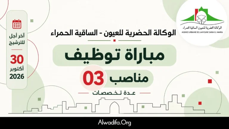 الوكالة الحضرية للعيون الساقية الحمراء تعلن عن توظيف 3 أطر وتقنيين في تخصصات مختلفة