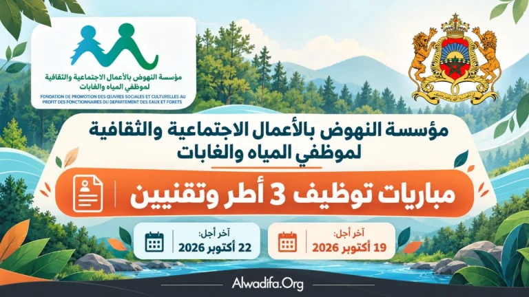 مؤسسة النهوض بالأعمال الاجتماعية و الثقافية لموظفي المياه والغابات تعلن عن مباريات لتوظيف 3 أطر وتقنيين . آخر أجل 19 و22 أكتوبر 2026